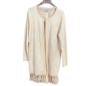 Chico's Blush Pink Longline Tassel Hem Shimmer Jacquard Sweater Cardigan Size 2